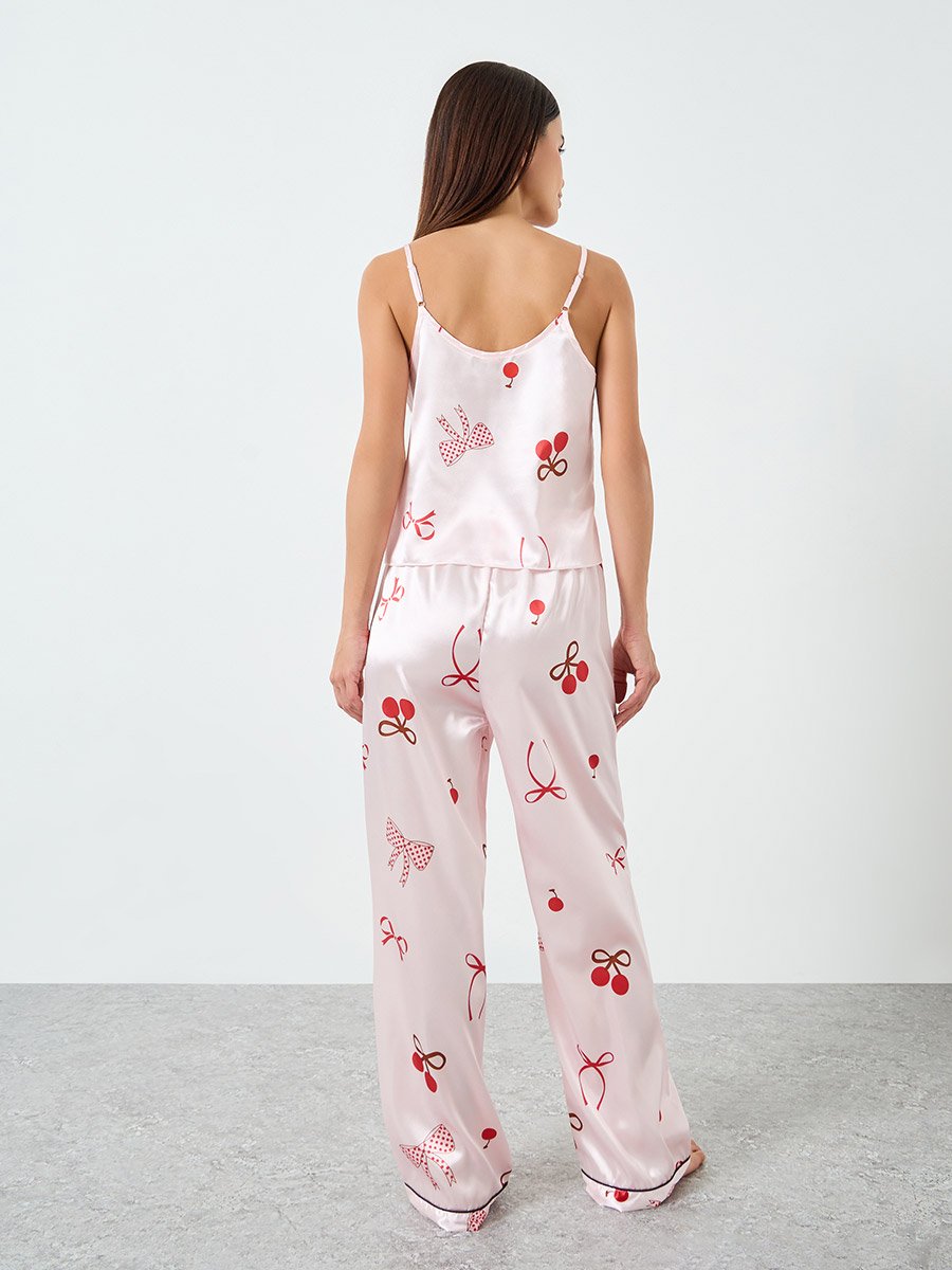 Women Bow Printed Cami Top and Pyjama Set