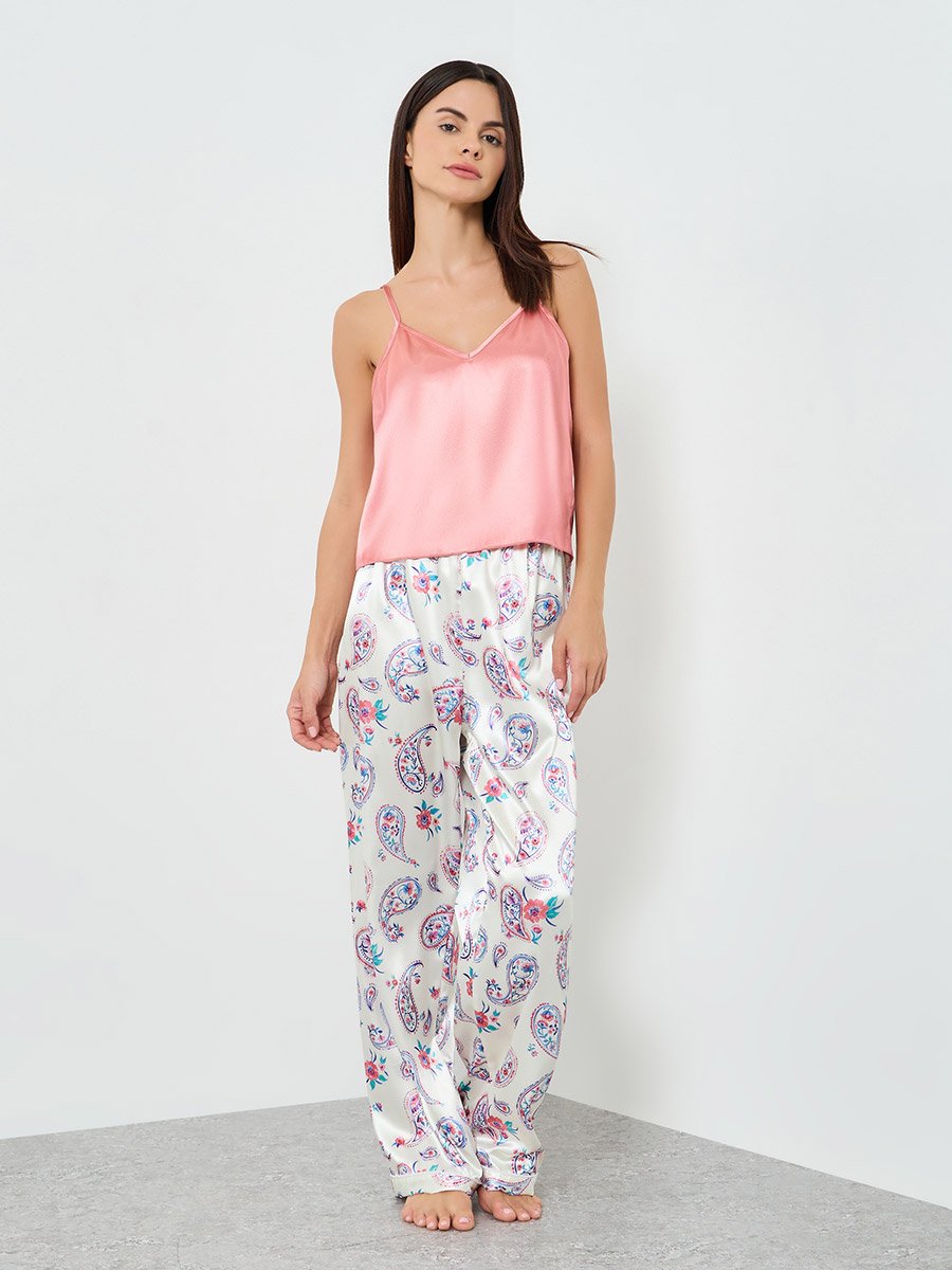 Women Solid Cami Top and Floral Printed Pyjama Set