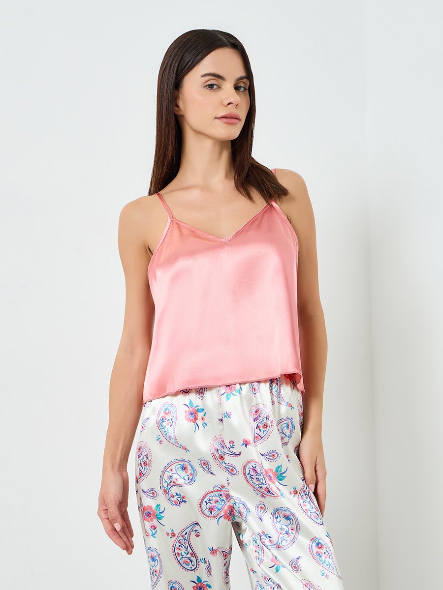 Women Solid Cami Top and Floral Printed Pyjama Set