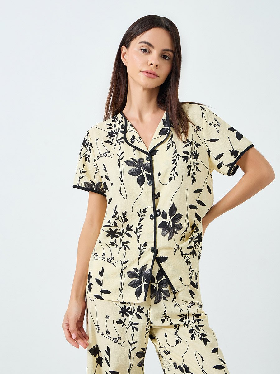 Women Floral Print Short Sleeve Shirt and Pyjama Set
