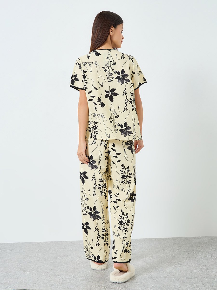 Women Floral Print Short Sleeve Shirt and Pyjama Set