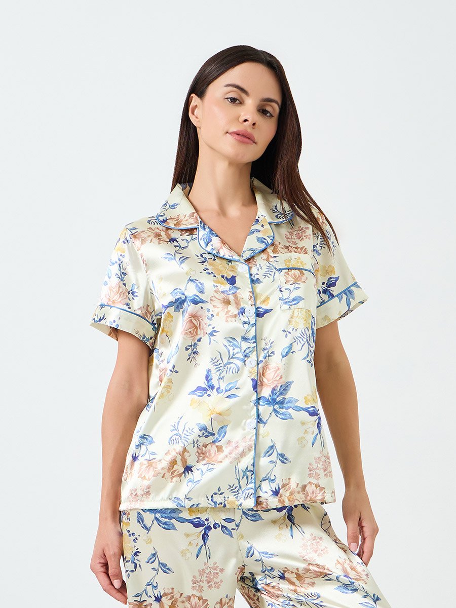 Women Floral Printed Short Sleeve Shirt and Pyjama Set