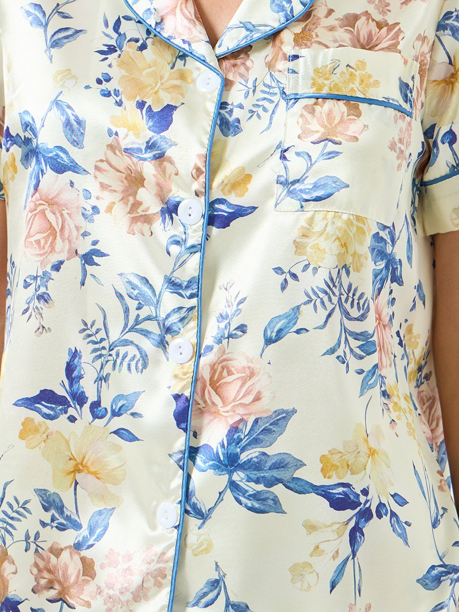 Women Floral Printed Short Sleeve Shirt and Pyjama Set