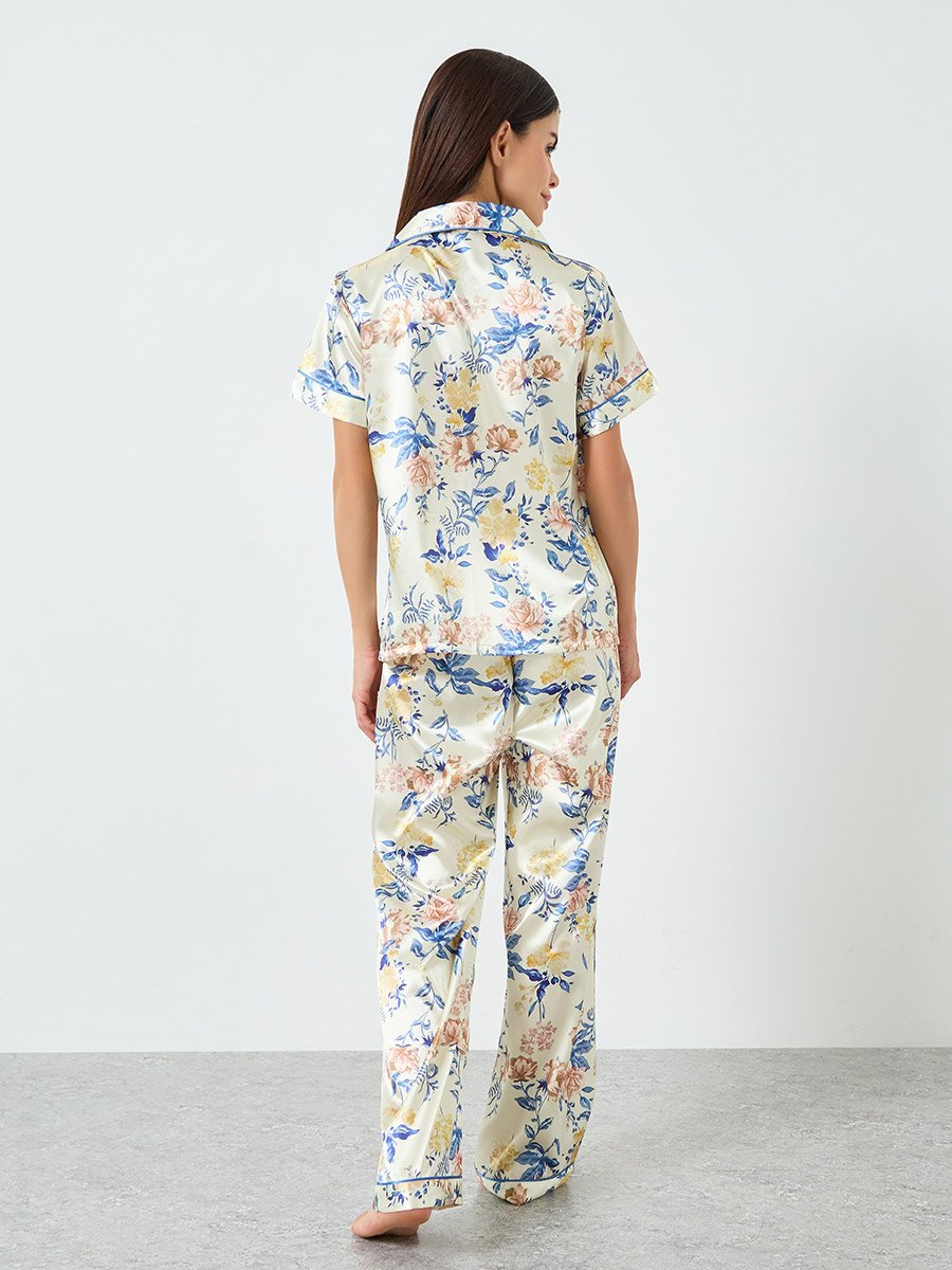 Women Floral Printed Short Sleeve Shirt and Pyjama Set