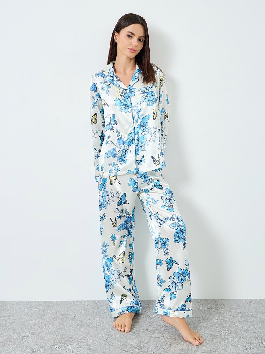 Women Satin Floral Printed Shirt and Pyjama Set