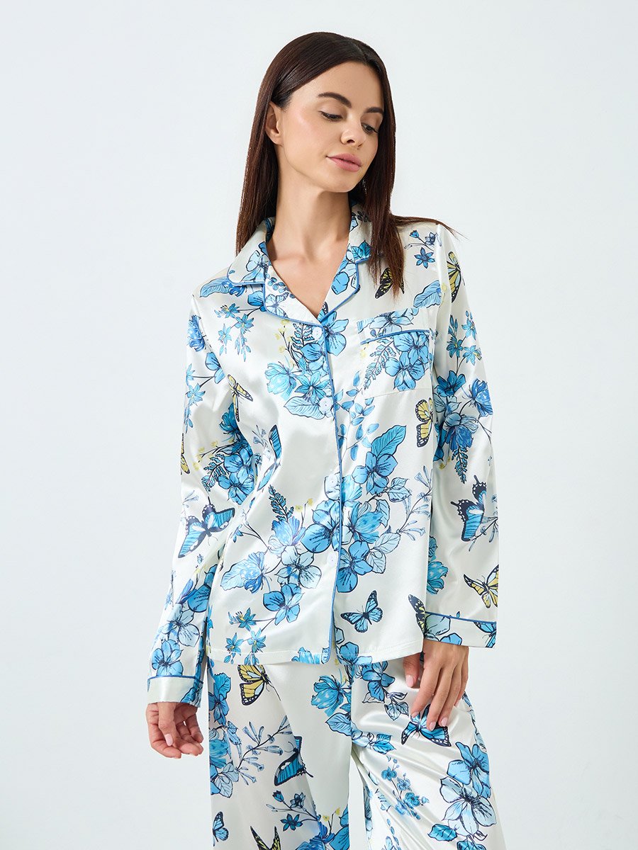 Women Satin Floral Printed Shirt and Pyjama Set