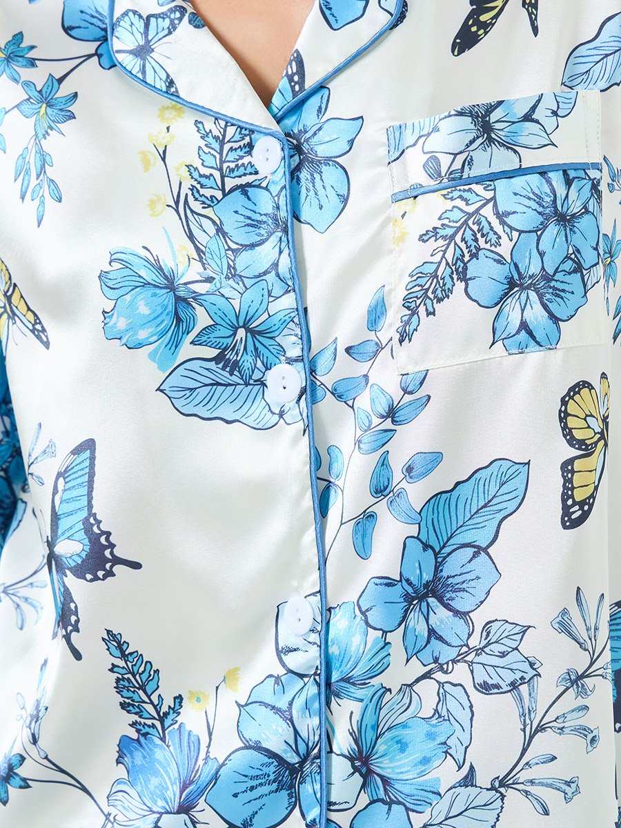 Women Satin Floral Printed Shirt and Pyjama Set