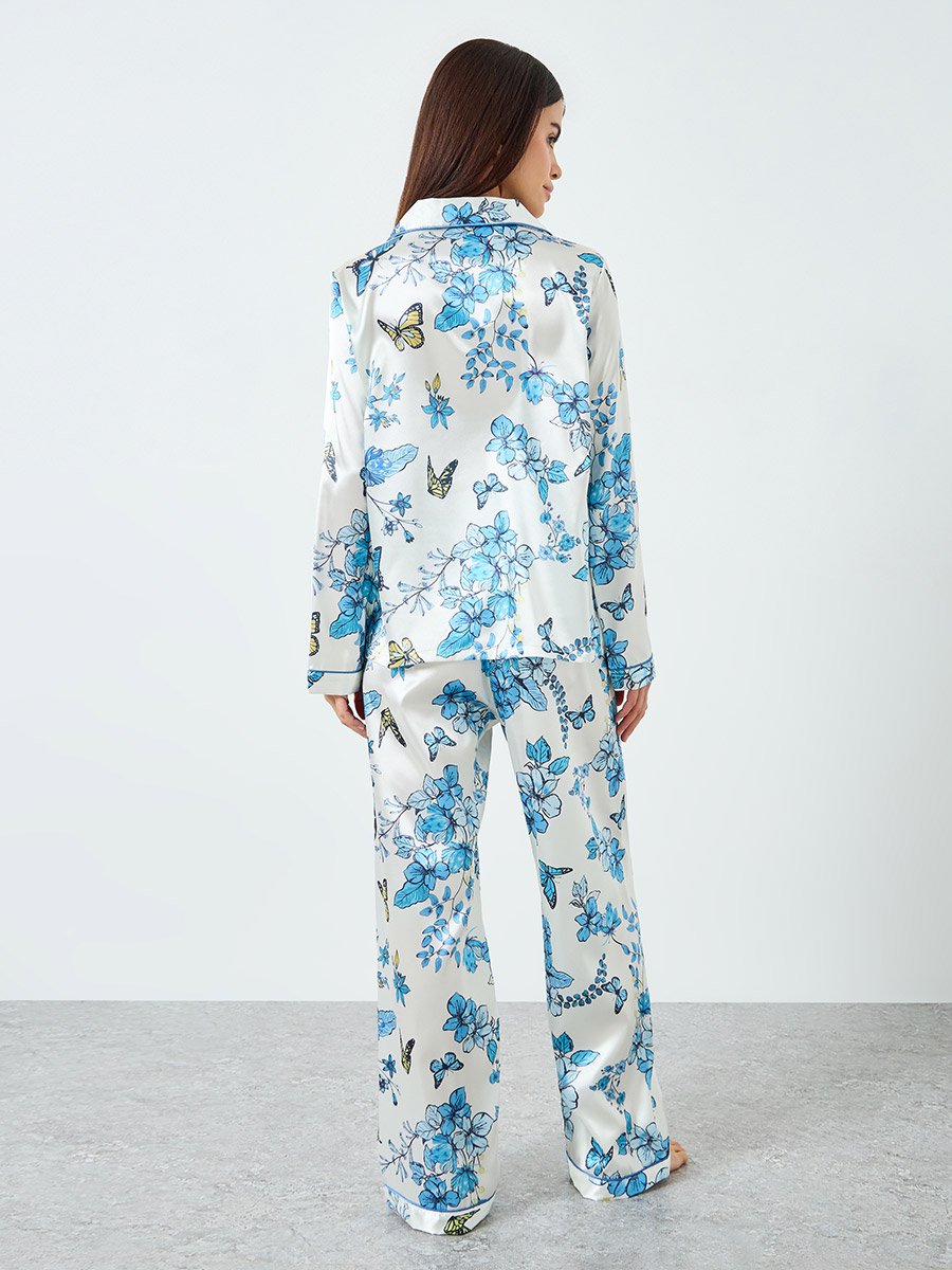 Women Satin Floral Printed Shirt and Pyjama Set