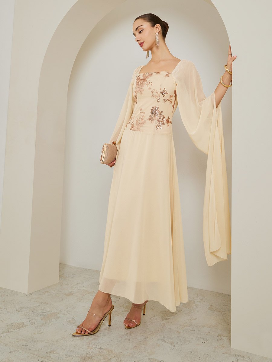 Beige Embellished Cape Sleeve A-Line Maxi Dress For Women at Bahrain | Styli