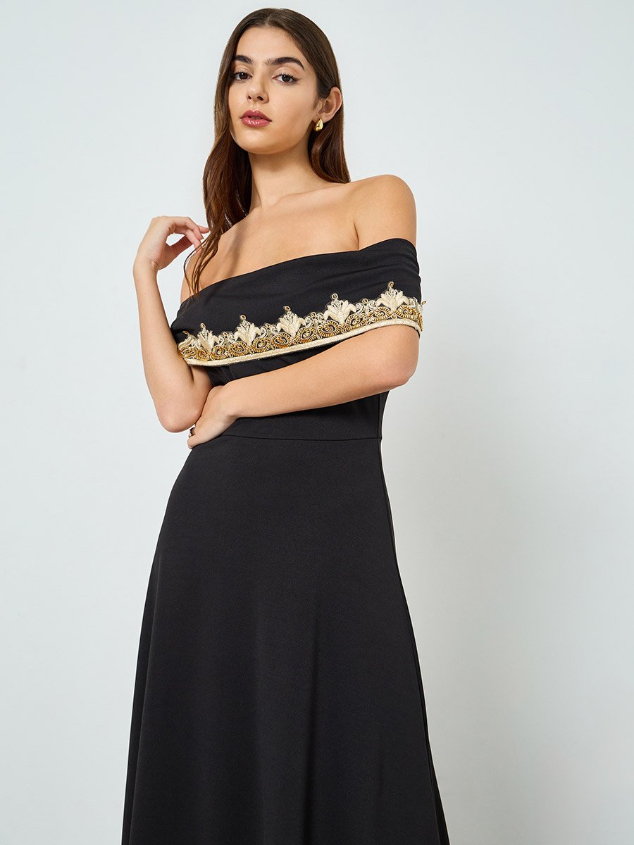 sachin and babi light blue dress BADGLEY MISCHKA Off-the-shoulder embroidered metallic fil coup gown