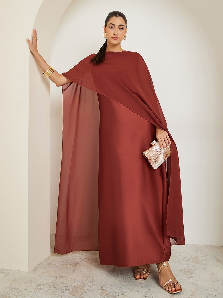 Rust Cape Sleeve A-Line Maxi Dress