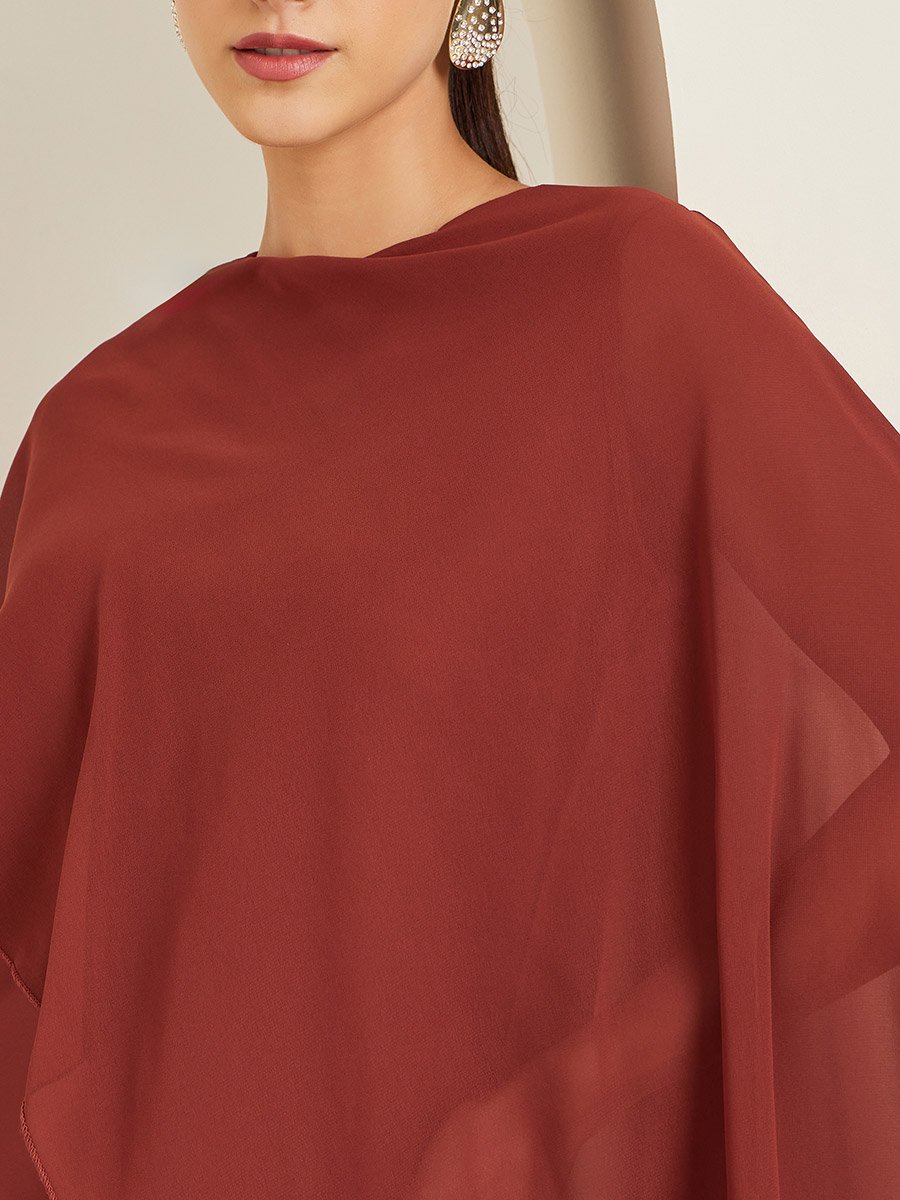 Rust Cape Sleeve A-Line Maxi Dress
