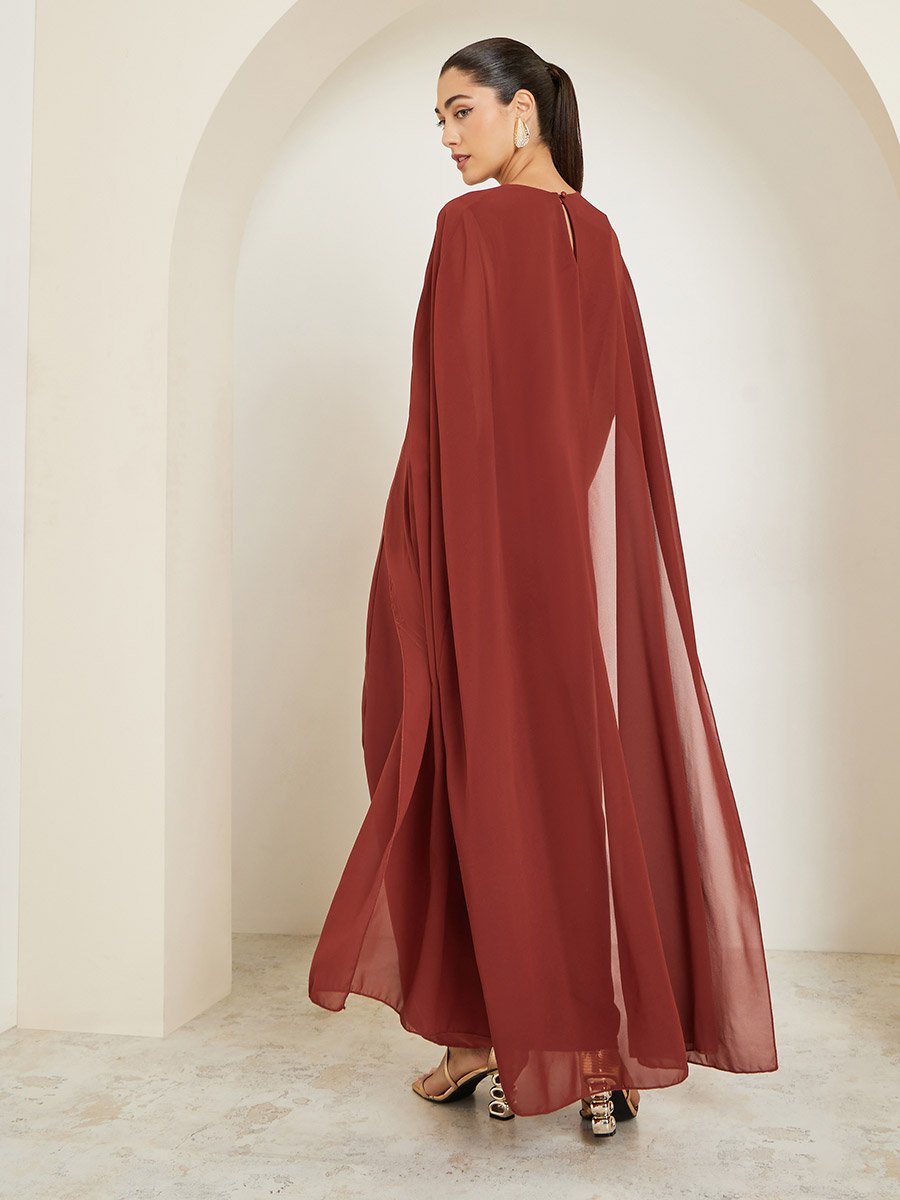 Rust Cape Sleeve A-Line Maxi Dress
