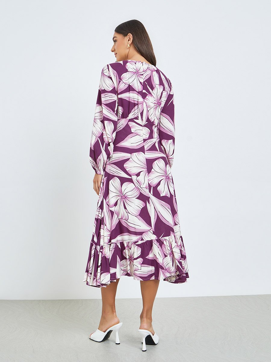 Purple Floral Midi Dress with Long Sleeves For Women at Bahrain | Styli
