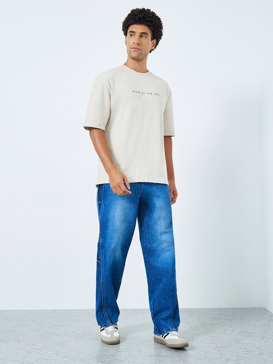 Men Beige Oversized T-Shirt with Minimal Print
