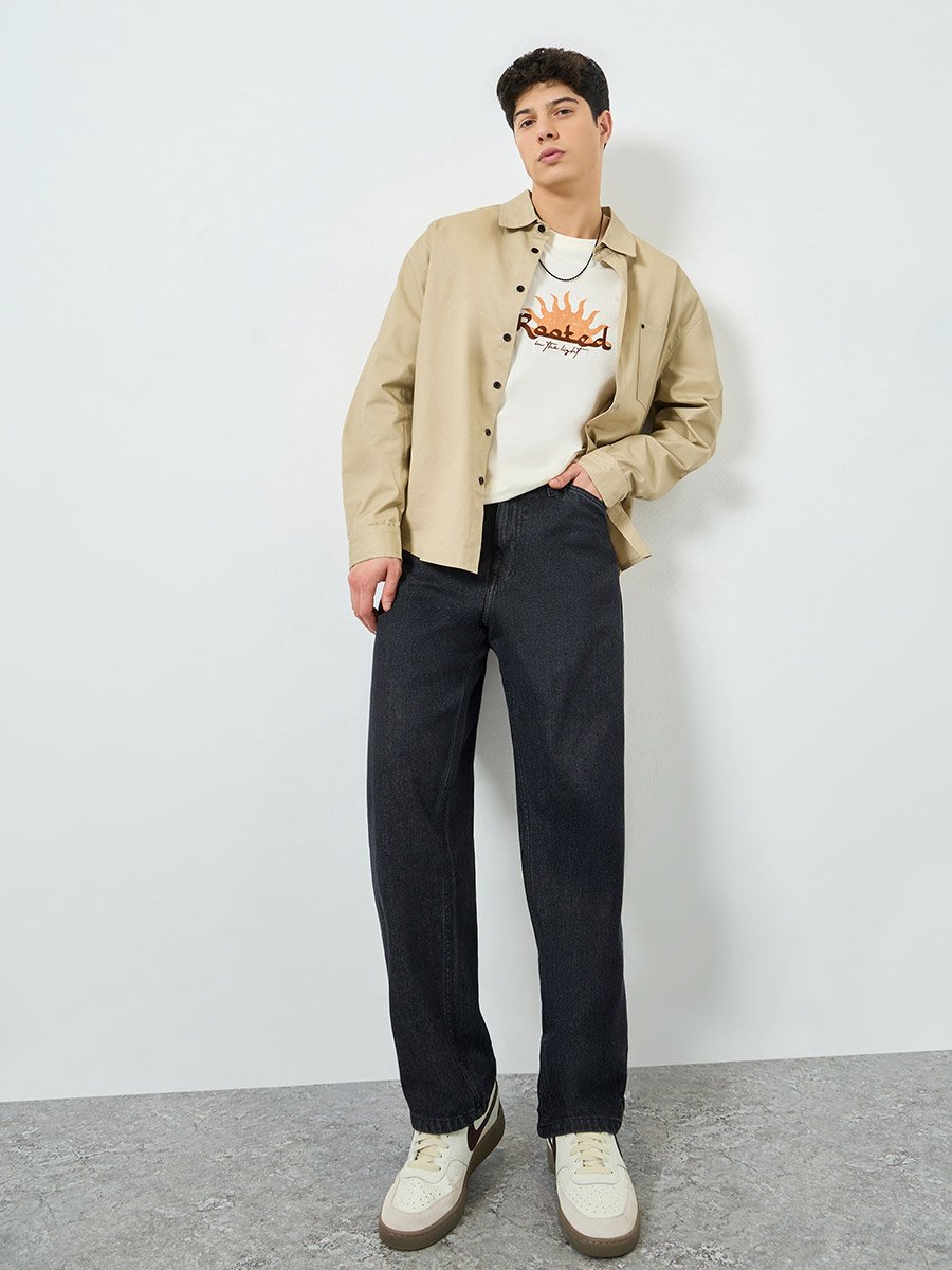 Men Clean Look Loose Fit Jeans with Stitch Detail