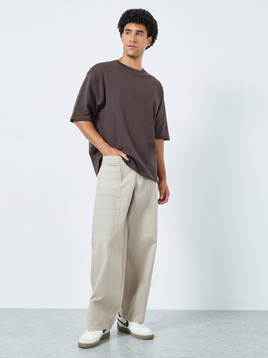 Men Beige Baggy Fit Trousers with Cargo Pockets