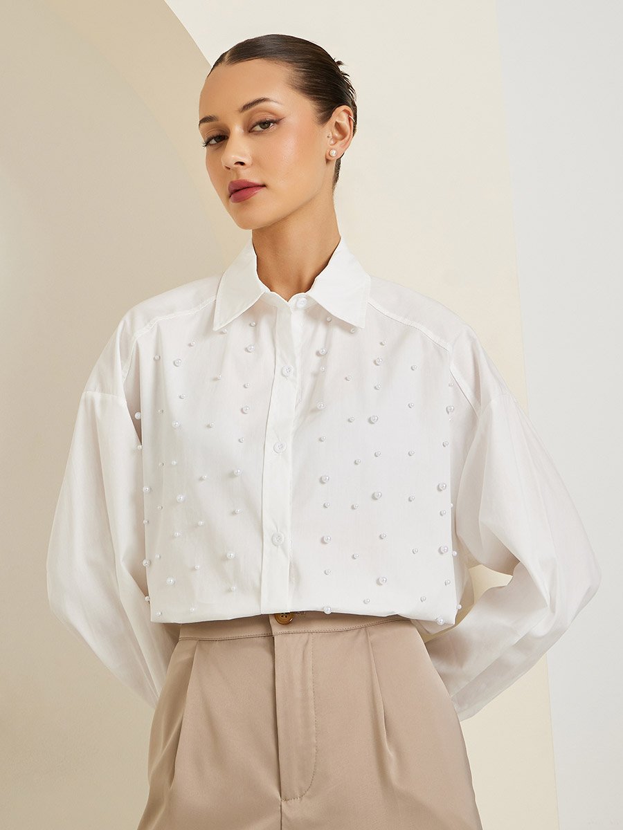 White Pearl Embellished Relaxed Fit Shirt