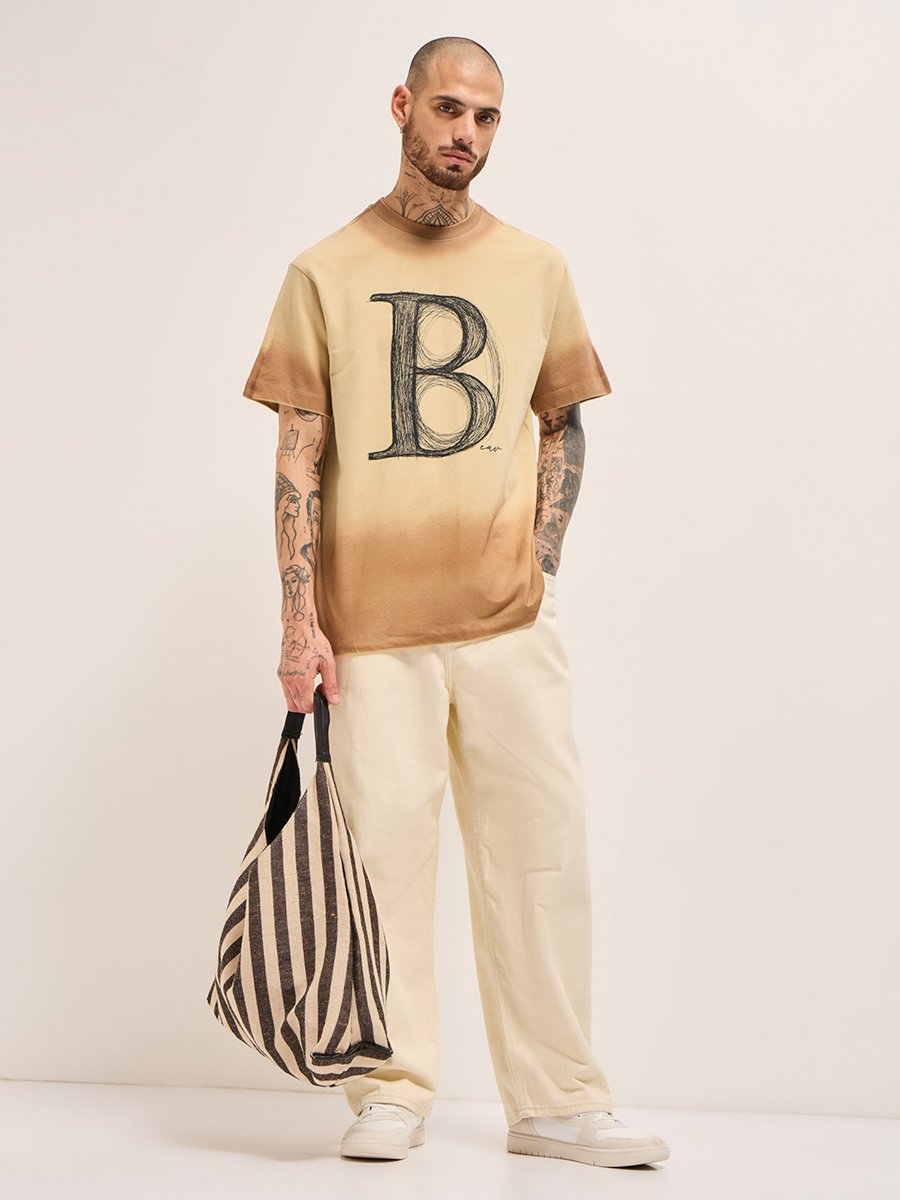 Men Pure Cotton Letter Graphic Washed T-Shirt