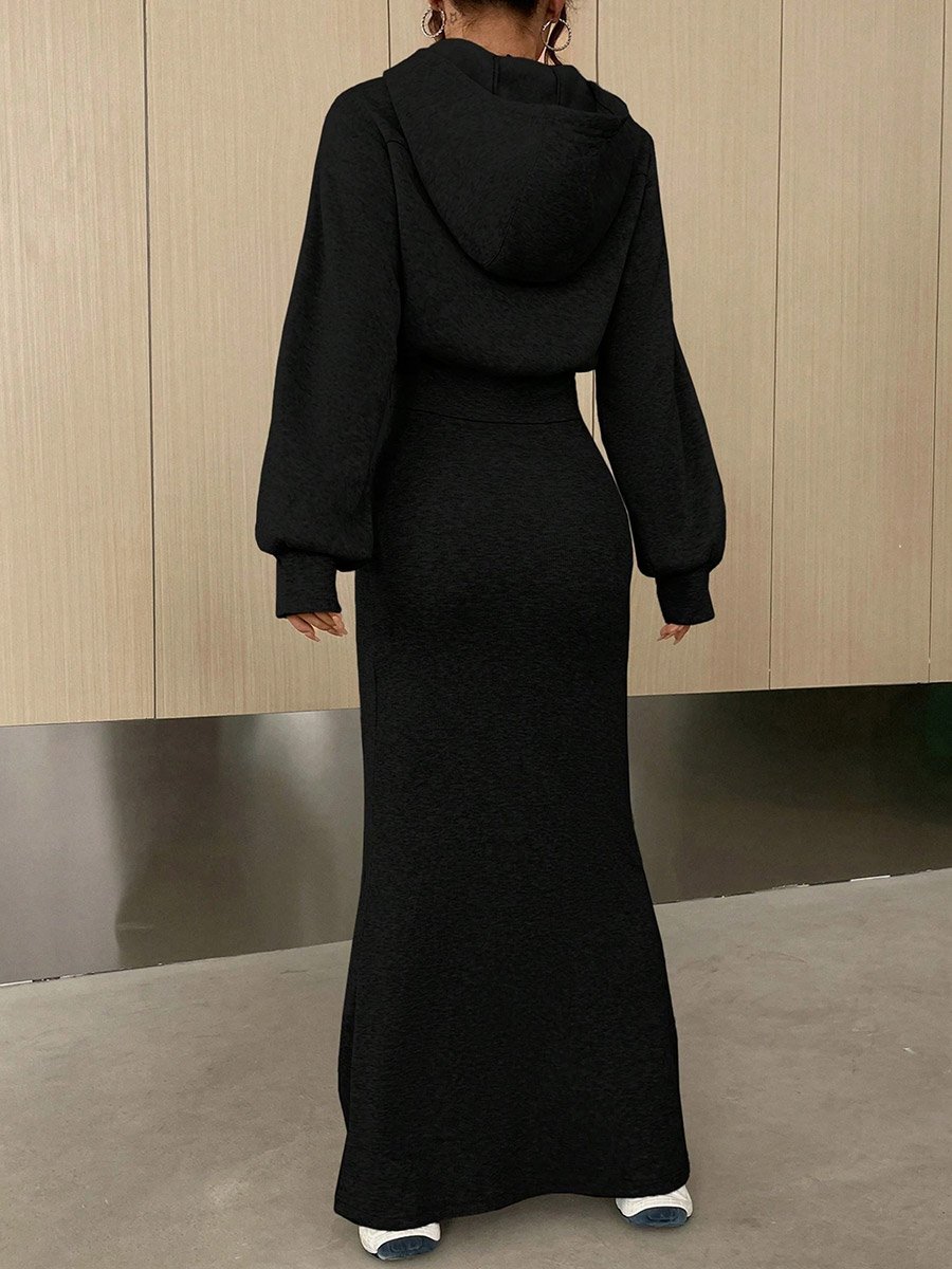 Women Black Hoodie Jacket and Bodycon Maxi Dress Co-Ords