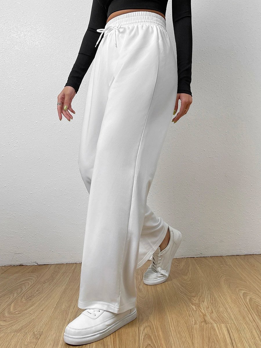 Women White Drawstring Elastic Waist Pants