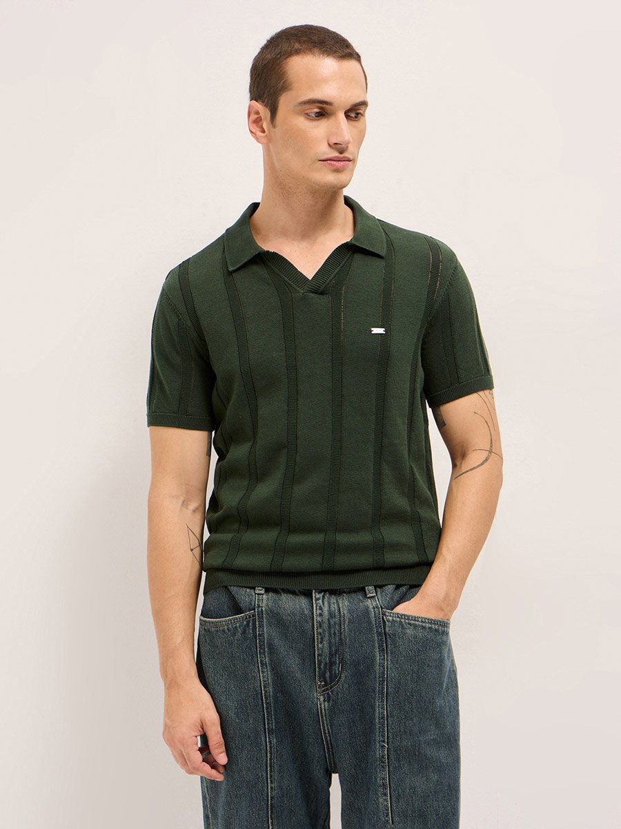 Men Pure Cotton Textured Flat Knit Slim Fit Polo