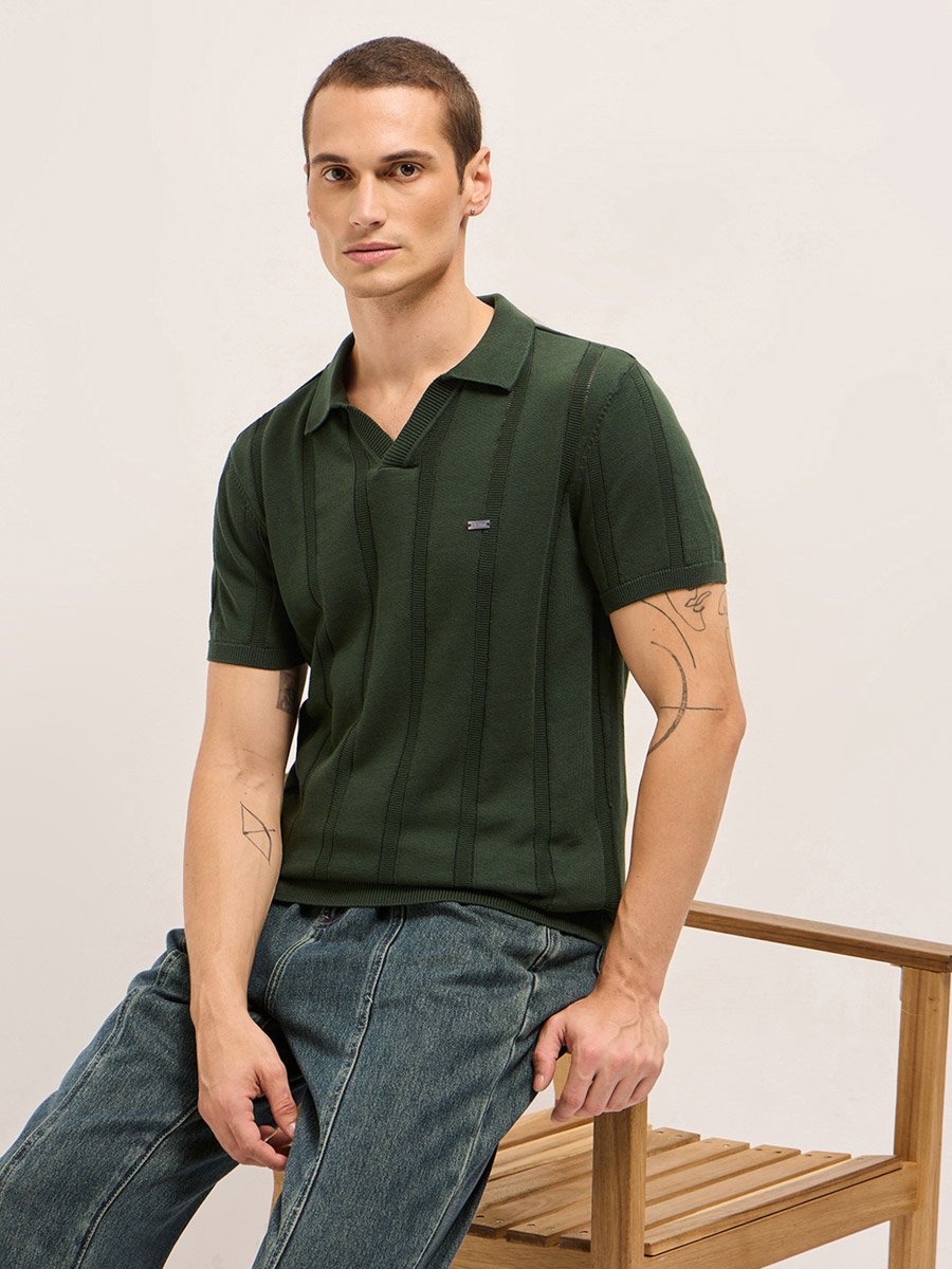 Men Pure Cotton Textured Flat Knit Slim Fit Polo