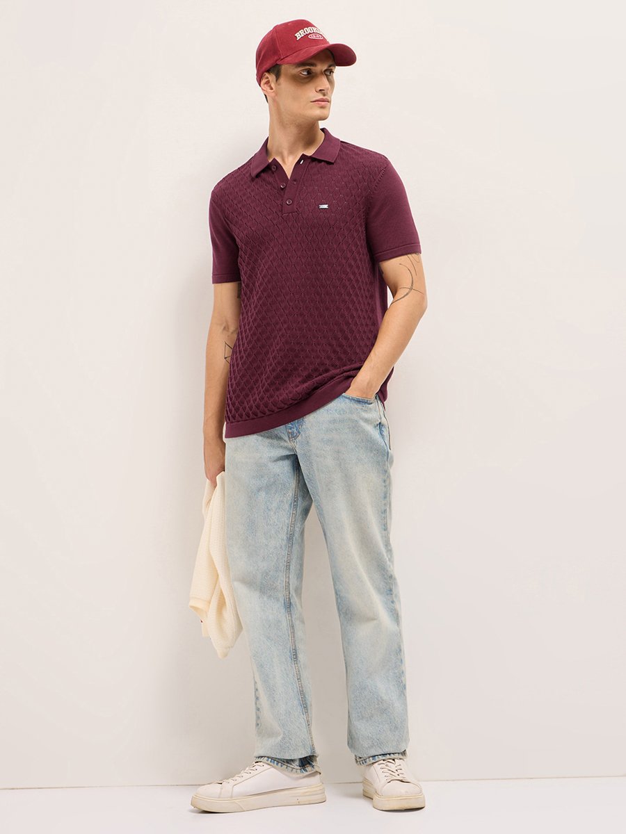 Men Pure Cotton Textured Flat Knit Slim Fit Polo