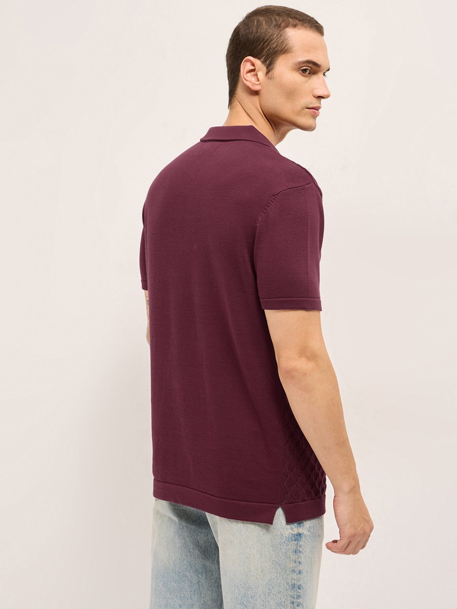 Men Pure Cotton Textured Flat Knit Slim Fit Polo