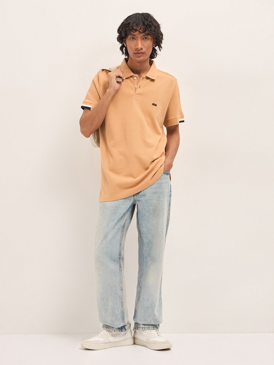 Men Pure Cotton Textured Flat Knit Slim Fit Polo