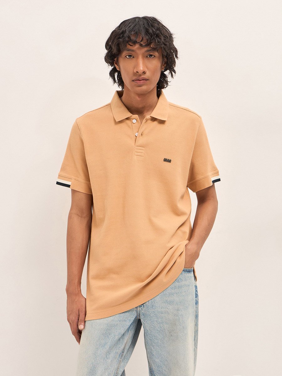 Men Pure Cotton Textured Flat Knit Slim Fit Polo