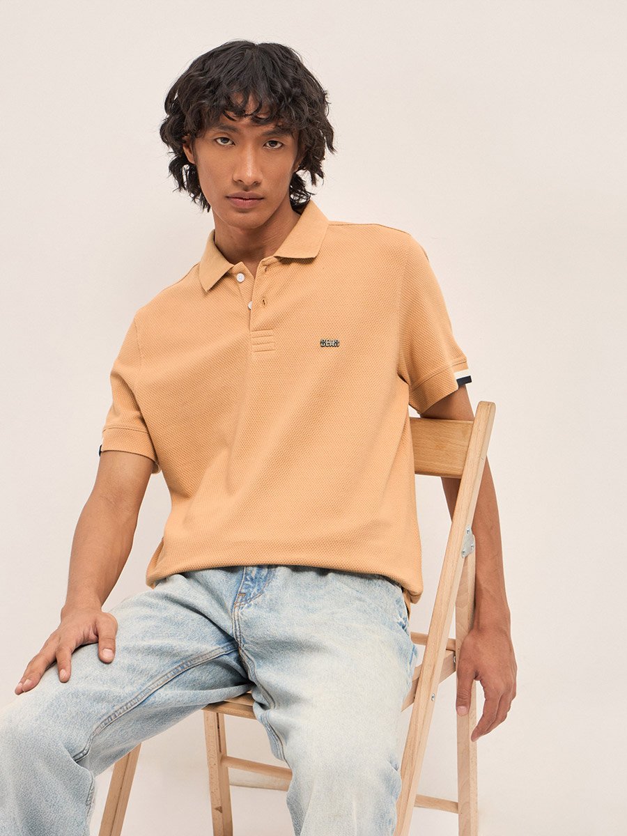 Men Pure Cotton Textured Flat Knit Slim Fit Polo