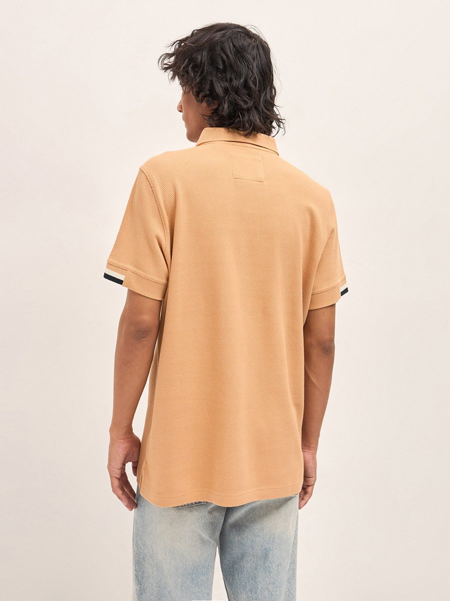 Men Pure Cotton Textured Flat Knit Slim Fit Polo