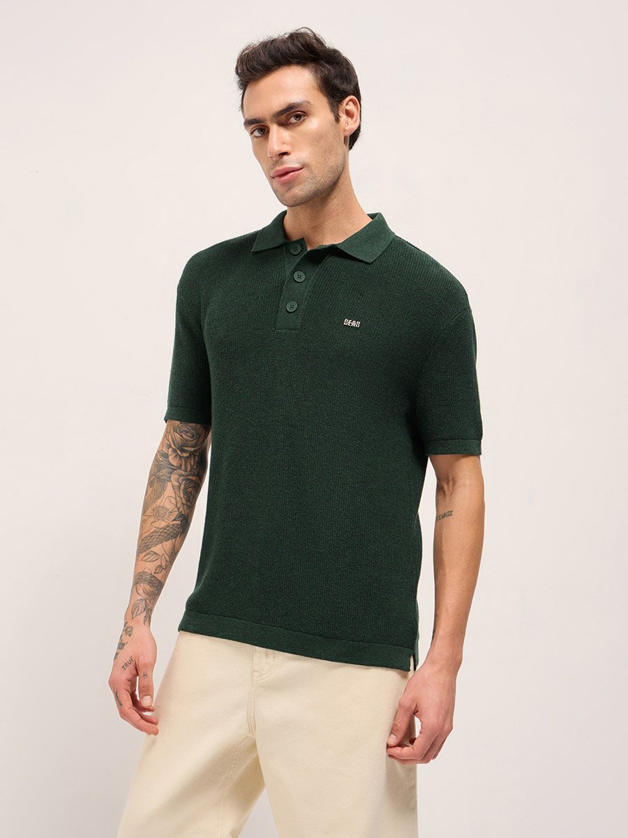 Men Pure Cotton Textured Relaxed Fit Polo