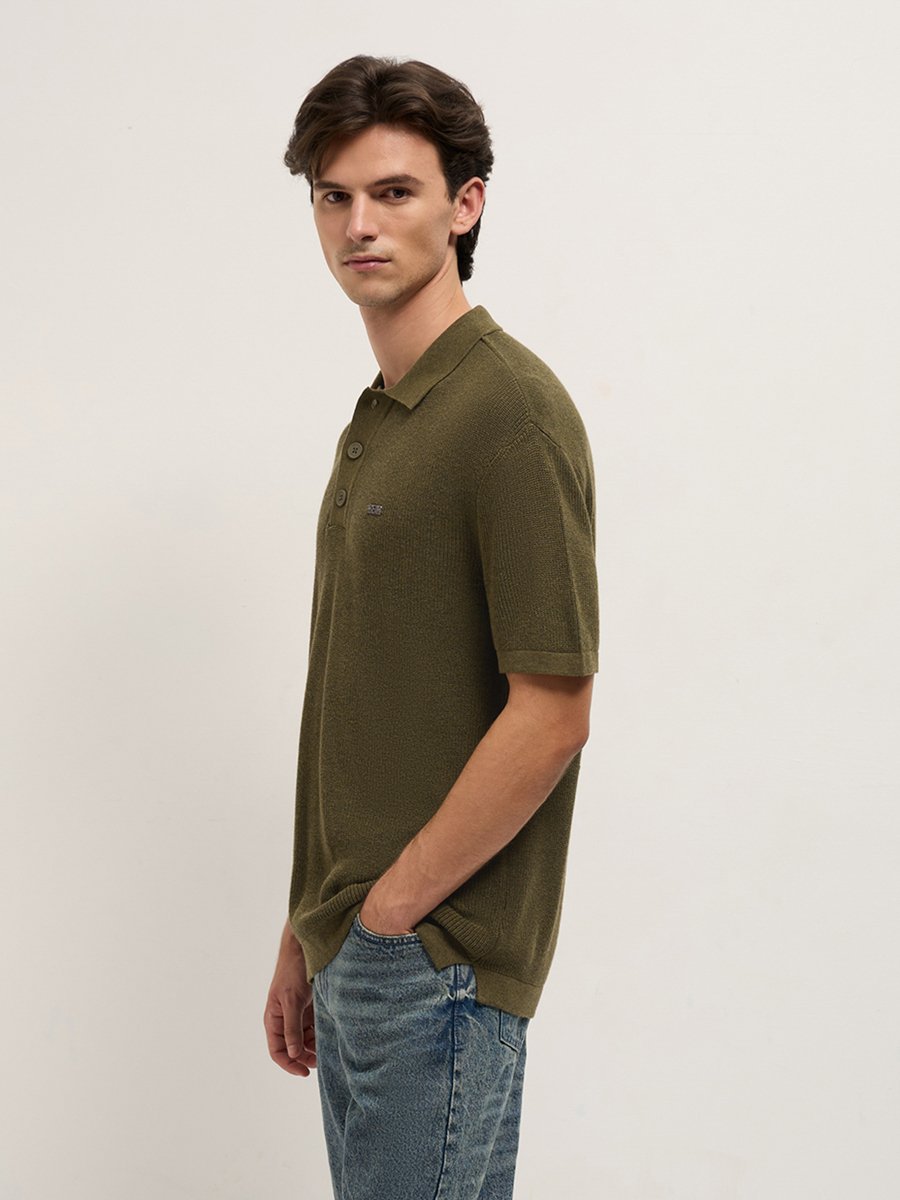Men Textured Flat Knit Relaxed Fit Polo