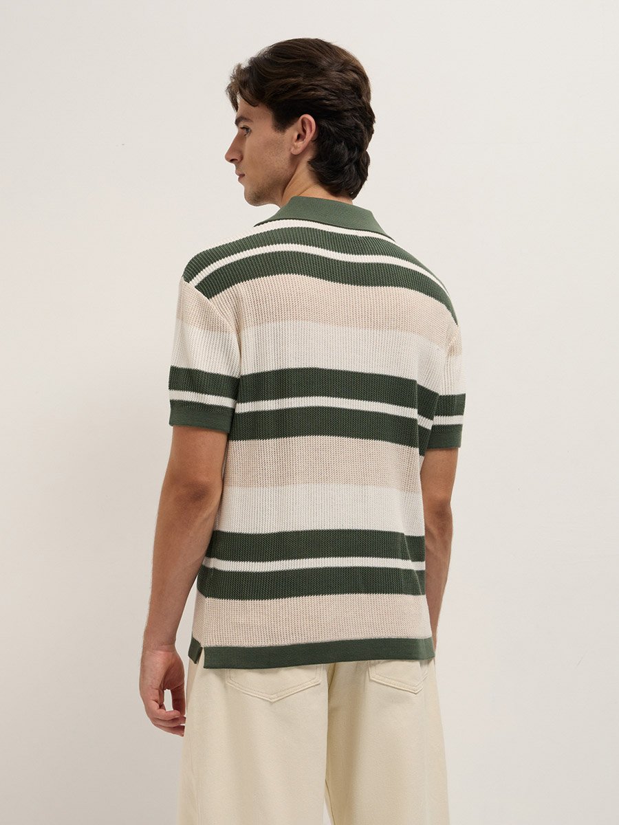 Men Cotton Striped Flat Knit Relaxed Fit Polo