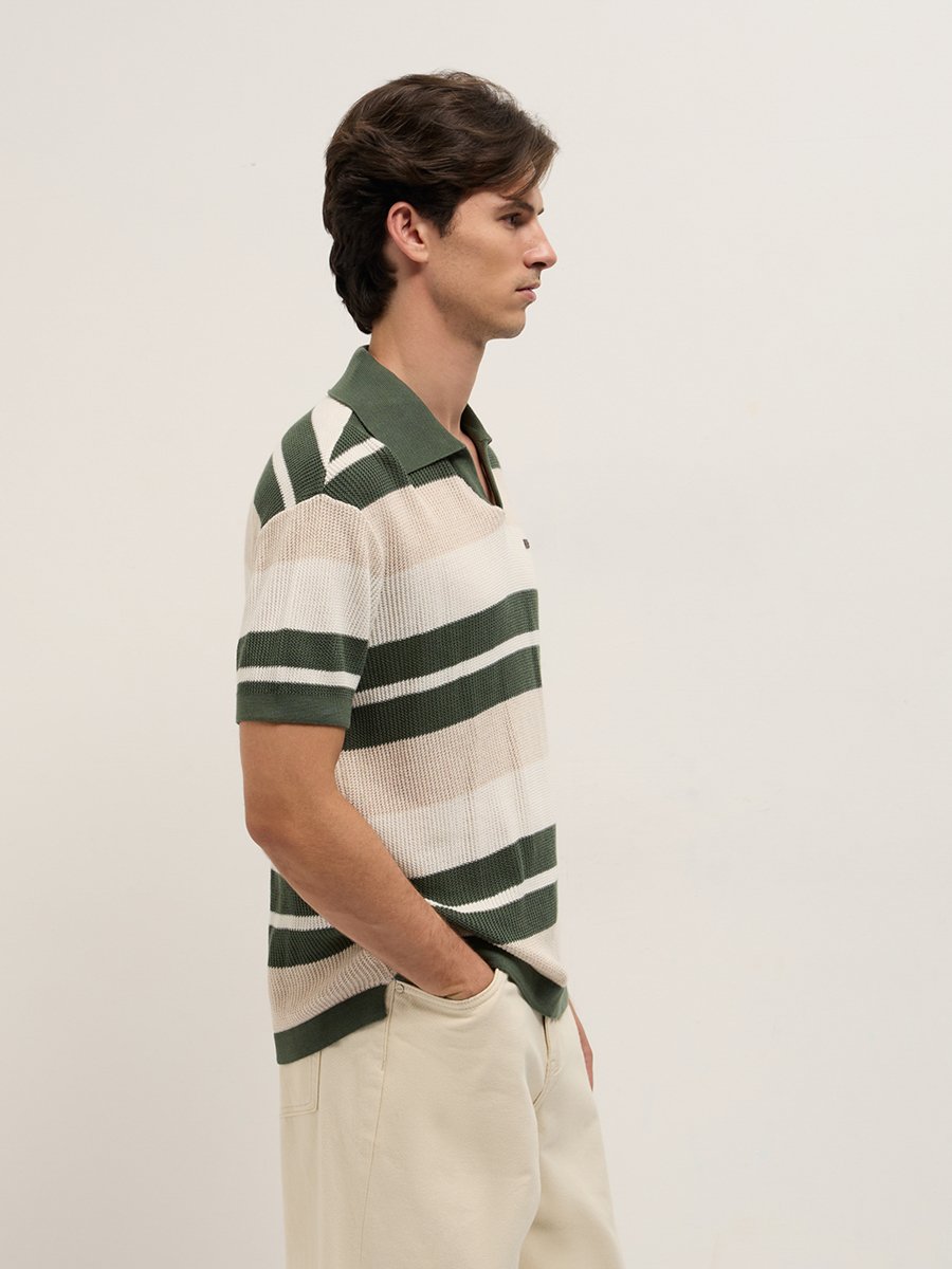Men Cotton Striped Flat Knit Relaxed Fit Polo