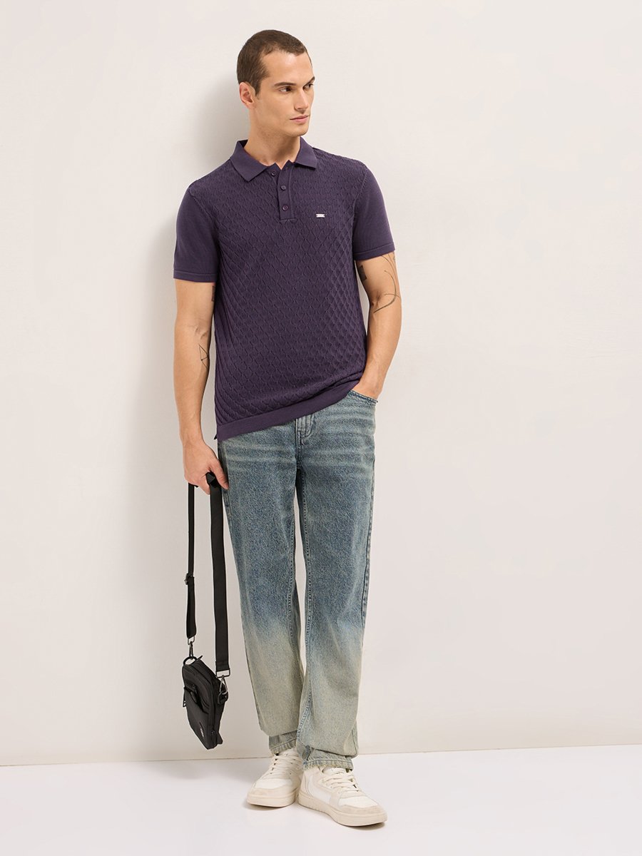 Men Pure Cotton Textured Flat Knit Slim Fit Polo