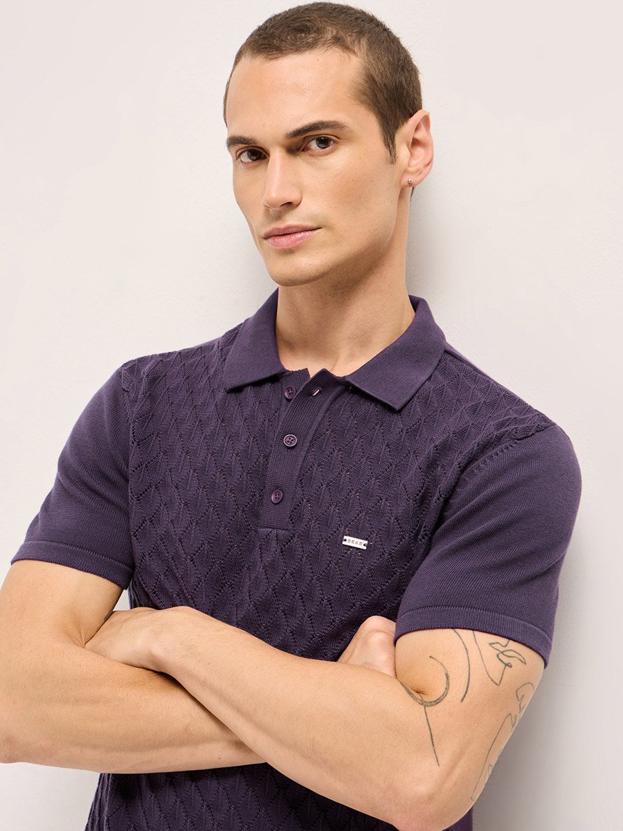 Men Pure Cotton Textured Flat Knit Slim Fit Polo