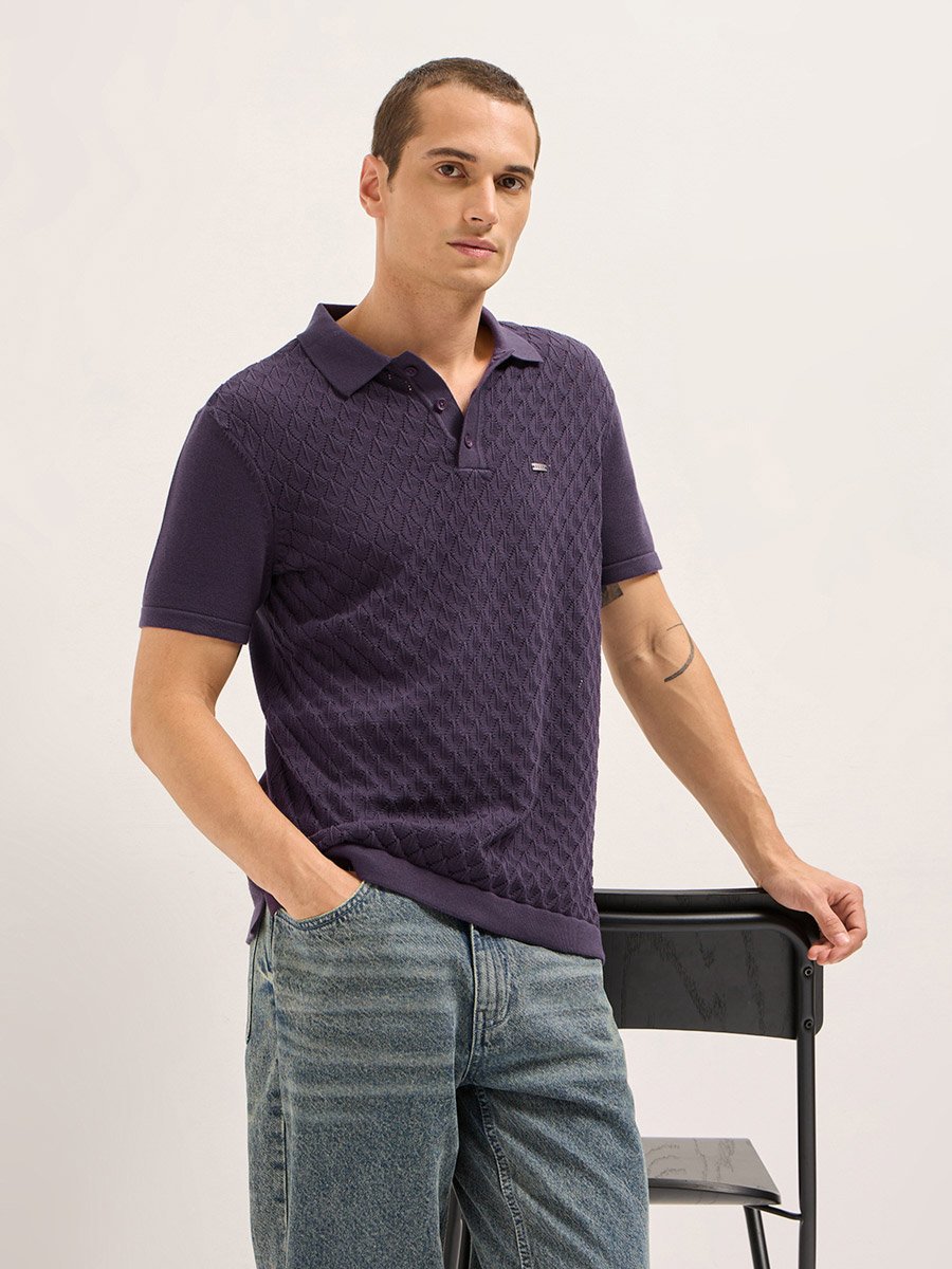 Men Pure Cotton Textured Flat Knit Slim Fit Polo