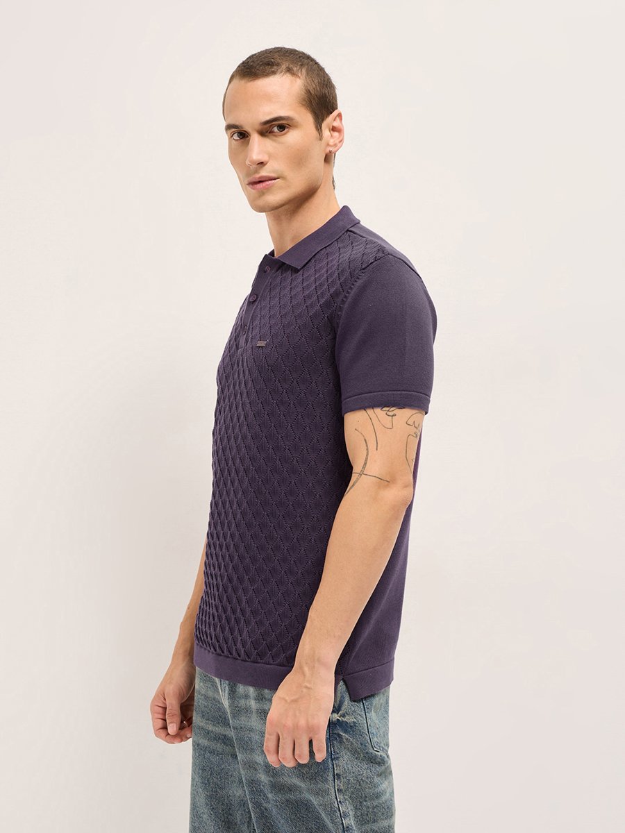 Men Pure Cotton Textured Flat Knit Slim Fit Polo
