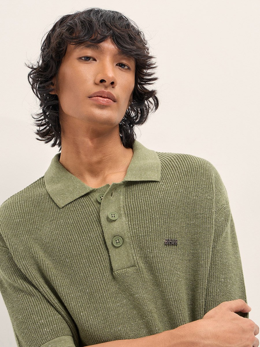 Men Pure Cotton Textured Flat Knit Regular Fit Polo
