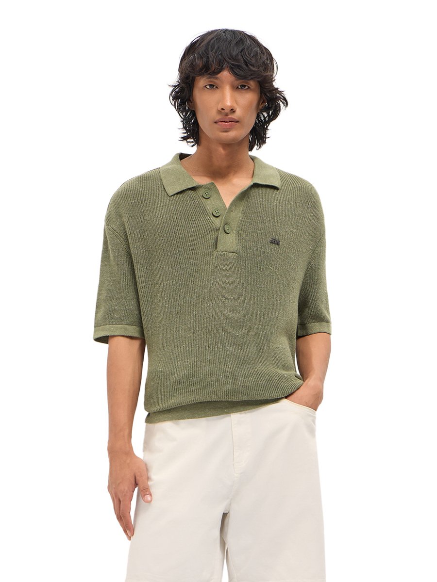 Men Pure Cotton Textured Flat Knit Regular Fit Polo