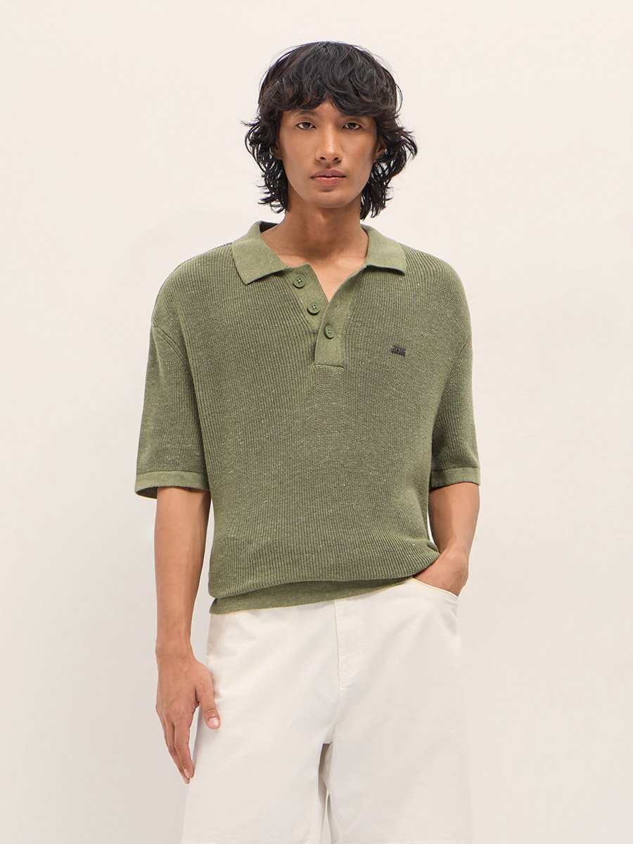 Men Pure Cotton Textured Flat Knit Regular Fit Polo