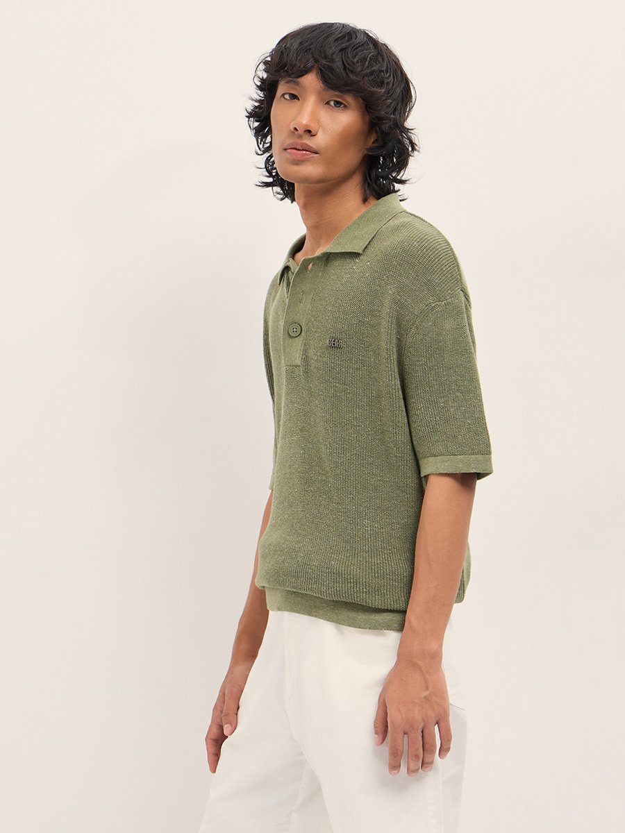 Men Pure Cotton Textured Flat Knit Regular Fit Polo
