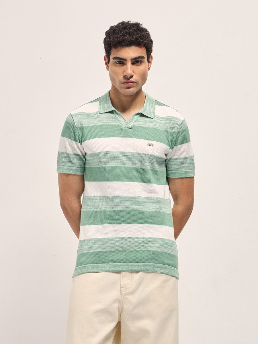 Men Pure Cotton Striped Knitted Slim Fit Polo