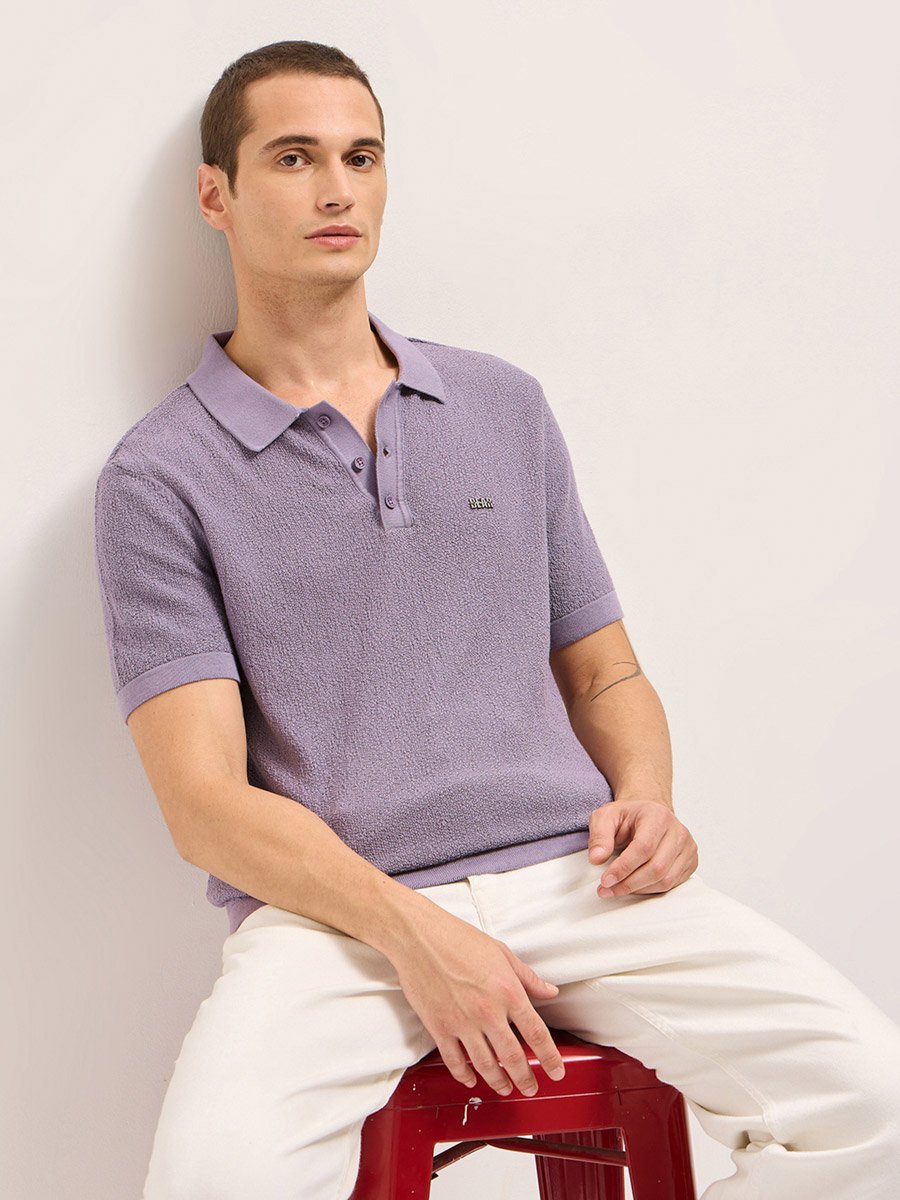Men Solid Textured Flat Knit Regular Fit Polo