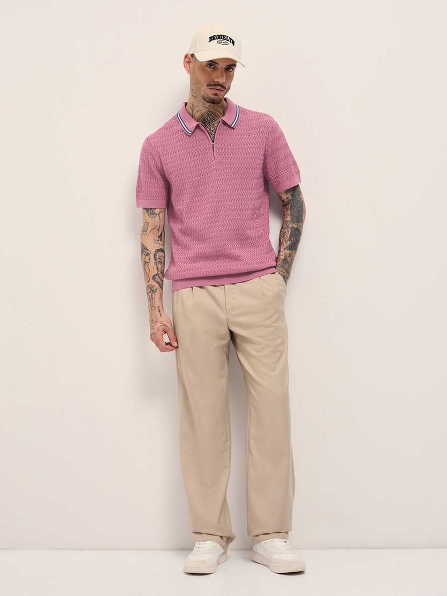 Men Pure Cotton Textured Slim Fit Polo