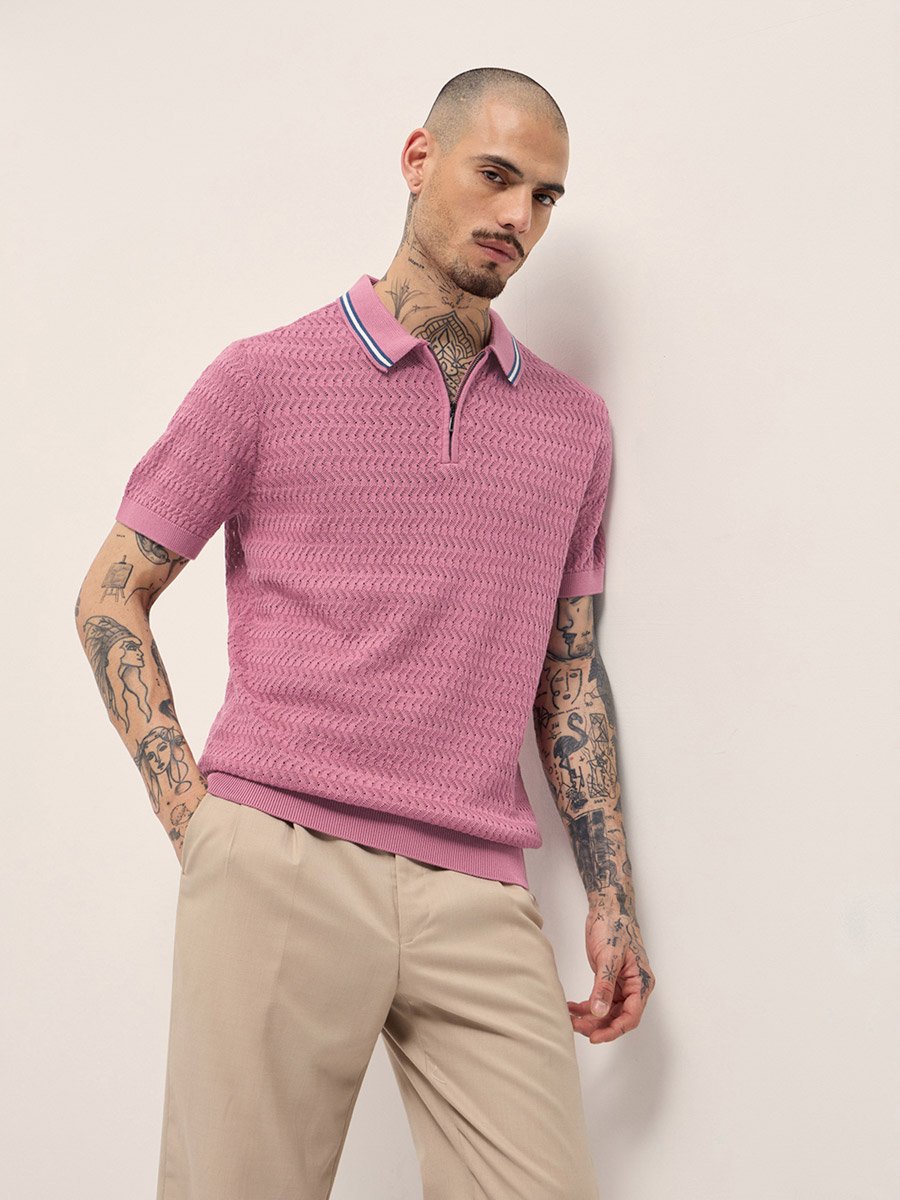 Men Pure Cotton Textured Slim Fit Polo