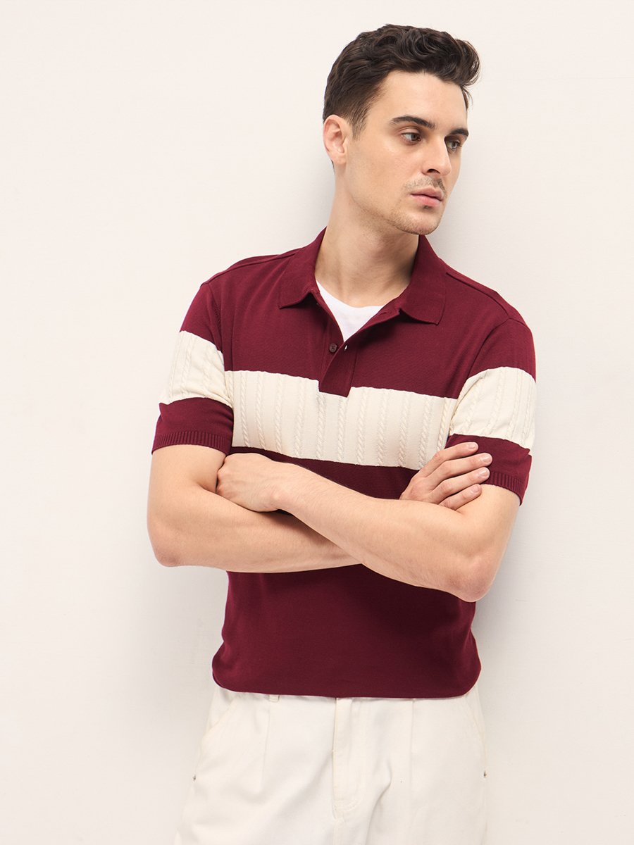 Men Cotton Self Design Polo
